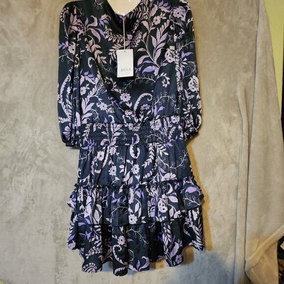 Misa Large Women's Lilah Dress Indigo Vines Glam Puff Sleeve Tiered Ruffle Dress - Picture 5 of 7